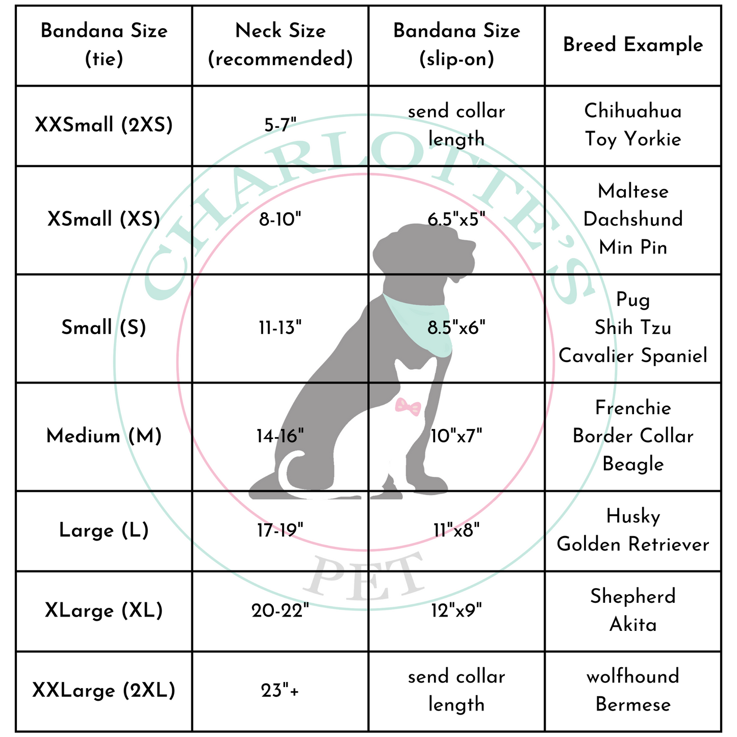 charlottes pet bandana size chart