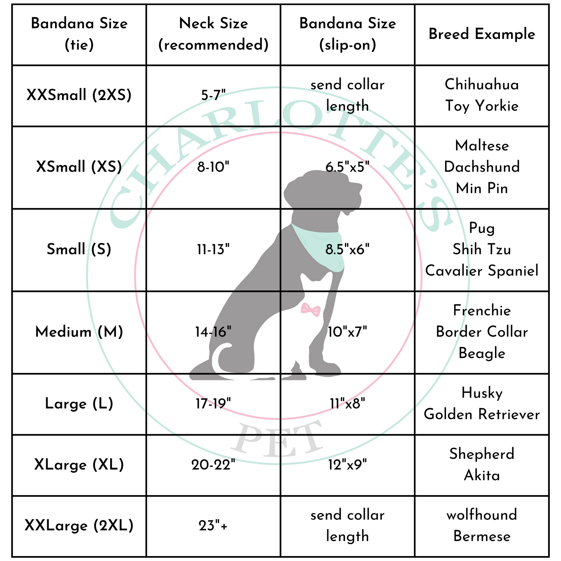 bandana size chart for charlotte's pet