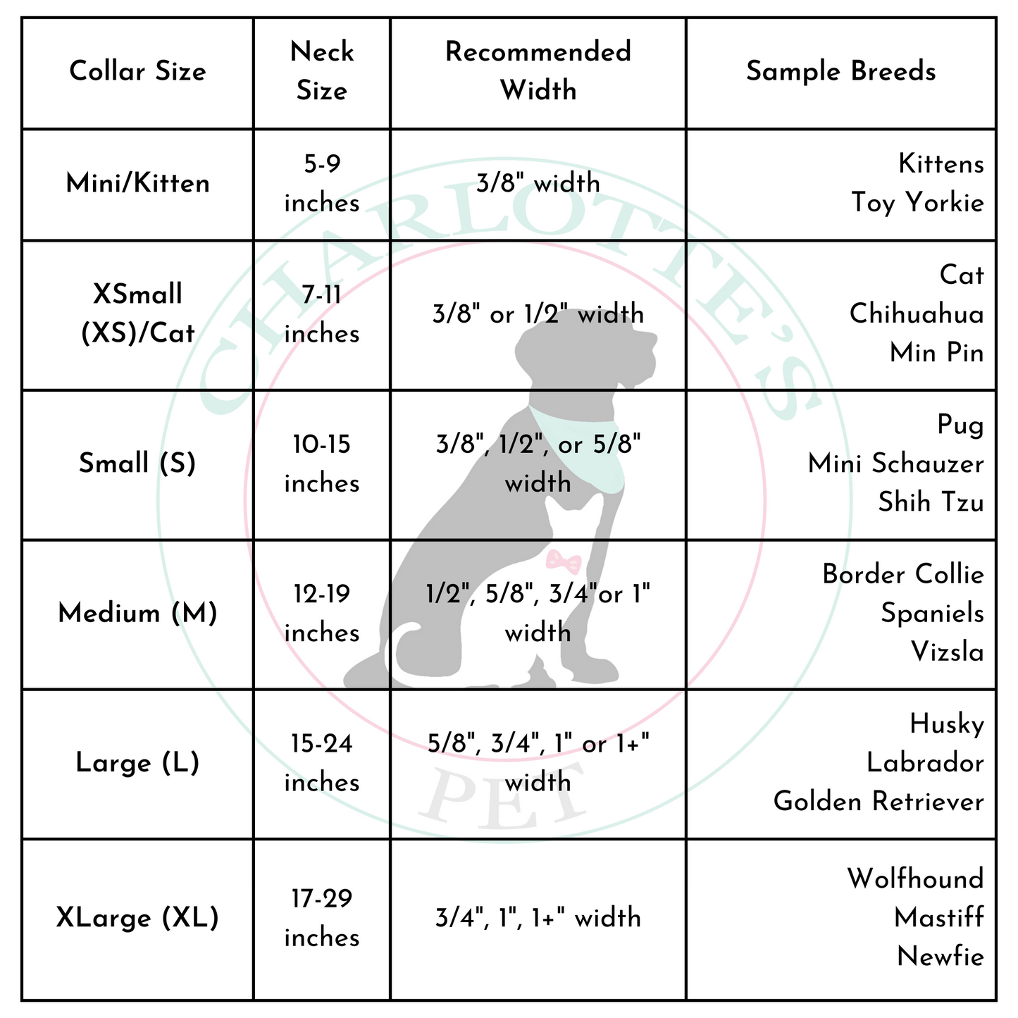 collar size chart for charlotte's pet