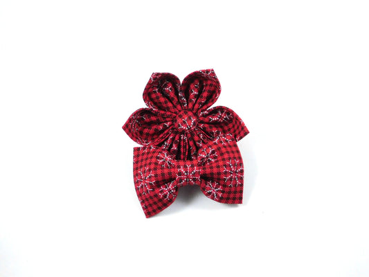Red PLaid Snowflakes Bow Tie/ Collar Flower - Charlotte's Pet