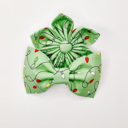 String Lights on Green Dog & Cat Bow Tie/ Collar Flower