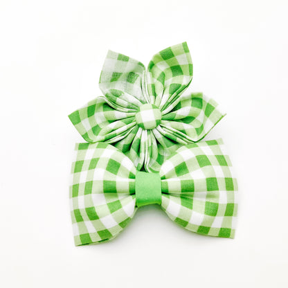Lime Green Gingham Dog & Cat Bow Tie/Collar Flower