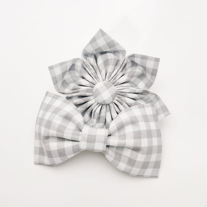 Grey Gingham Dog & Cat Bow Tie/Collar Flower