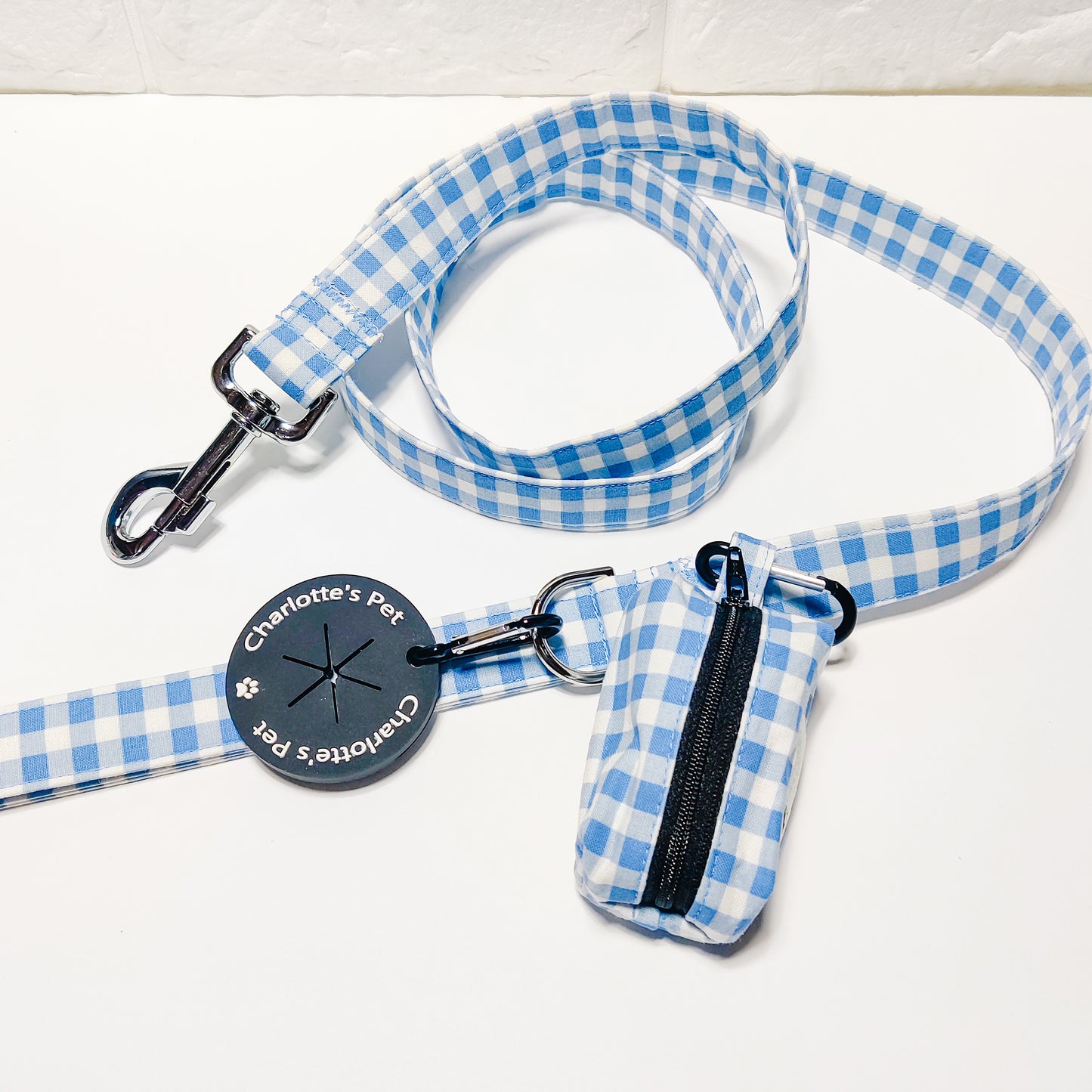 Sky Blue Gingham Dog Leash