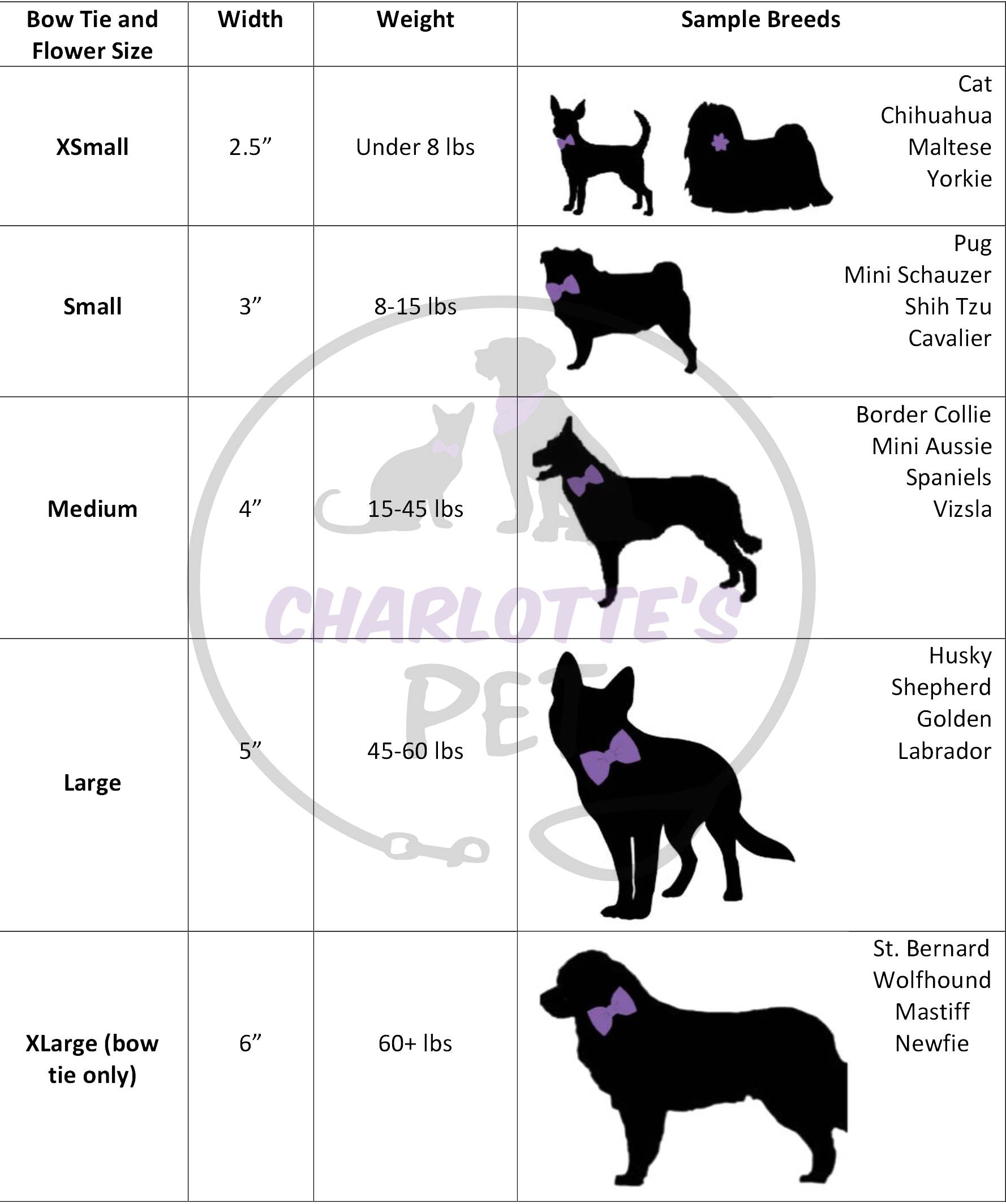 dog bow collar flower size chart for charlotte's pet