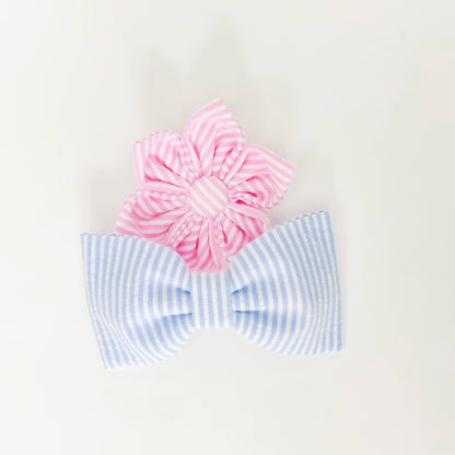 Seersucker Blue Dog & Cat Bow Tie/Collar Flower